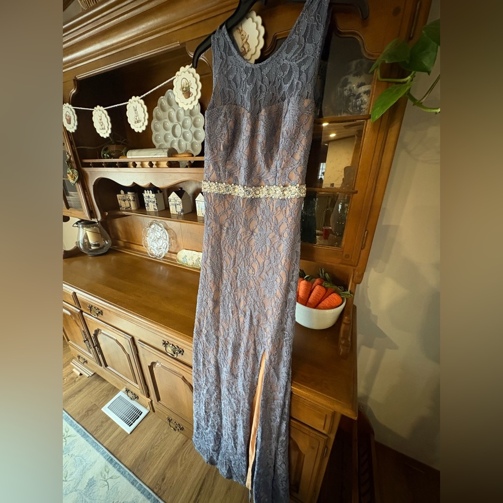 City Studio Lavender Lace Prom Dress with Beaded Waist